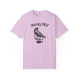 CAW-FEE FIRST T-Shirt | Funny Gothic Raven Coffee Lover Gift | Moody Crow Caffeine Addict Dark Humor Tee