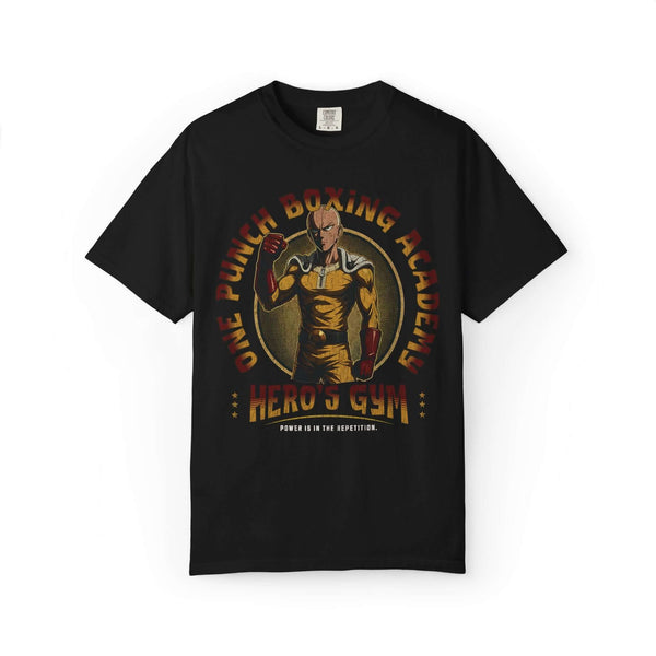 One Punch Man Hero's Gym Boxing Academy T-Shirt featuring Saitama with text 'Power is in the Repetition'.