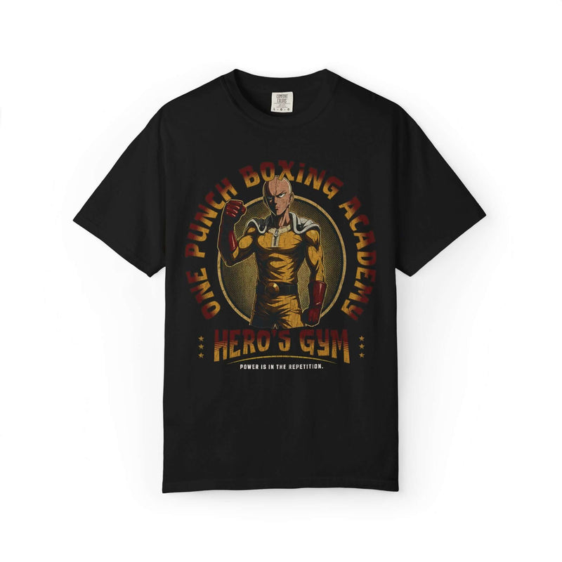 One Punch Man Hero's Gym Boxing Academy T-Shirt featuring Saitama with text 'Power is in the Repetition'.