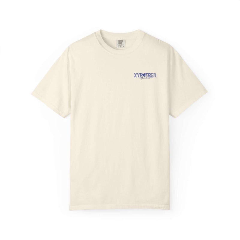 Oversized XYPHERED Clothing streetwear t-shirt in cream color featuring a bold logo graphic.