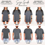 Size guide image for Oversized XYPHERED Clothing T-Shirt showing fit on models in various sizes.