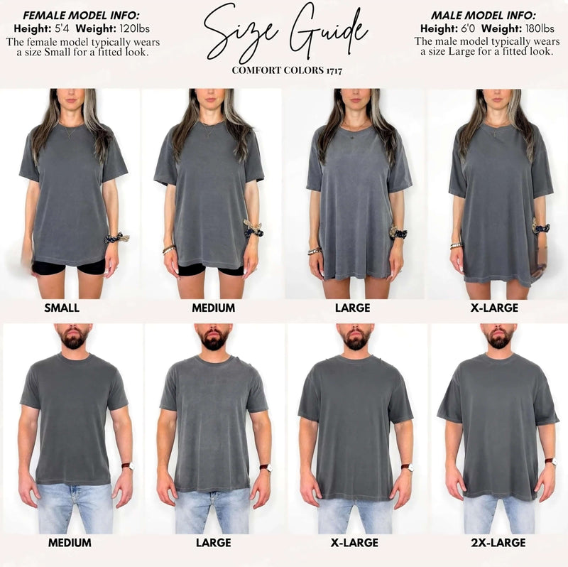 Size guide for Comfort Colors t-shirts showcasing models in different sizes (Small, Medium, Large, X-Large, 2X-Large).