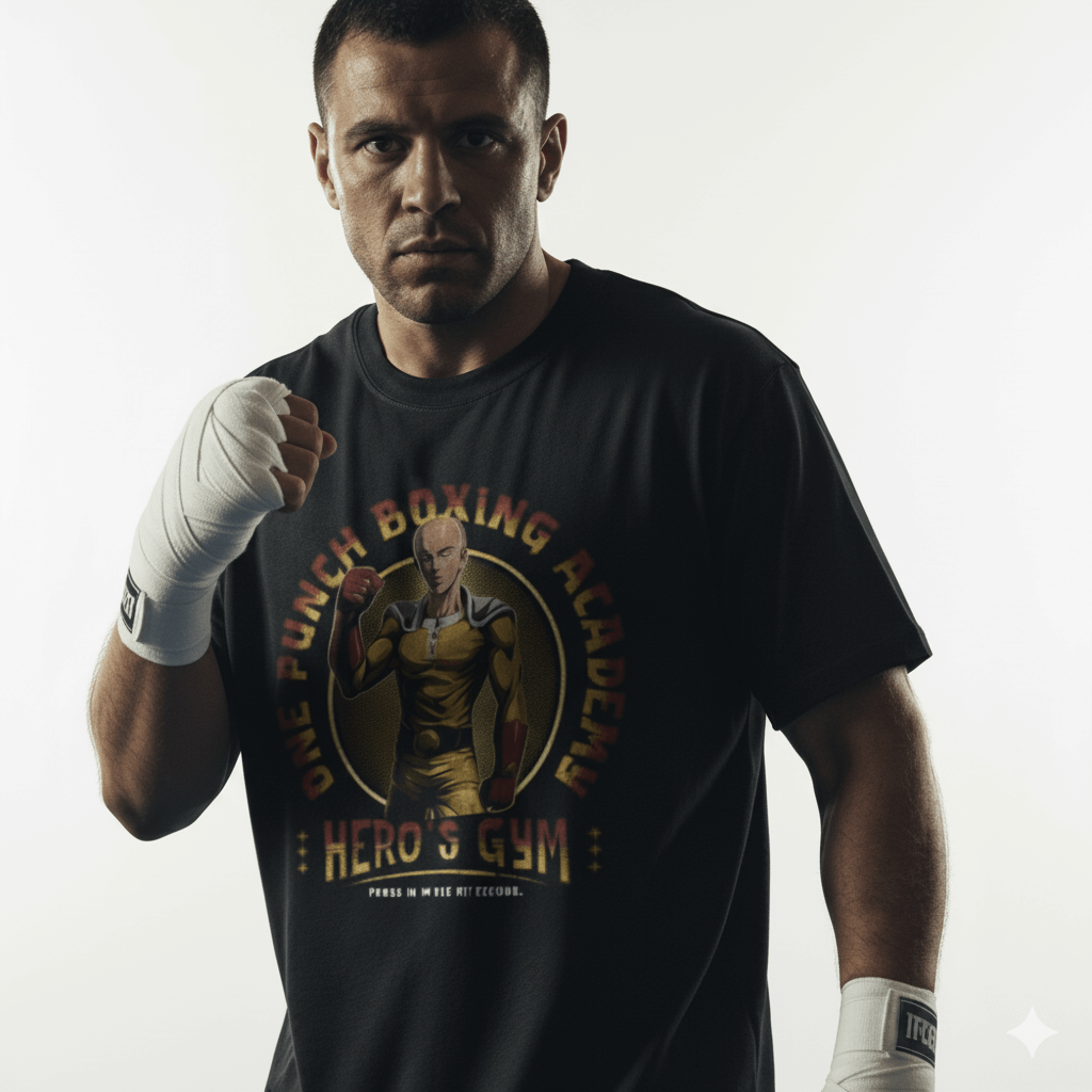 One Punch Man Hero's Gym Boxing Academy T-Shirt worn by a boxer, showcasing Saitama's design and promoting strength.