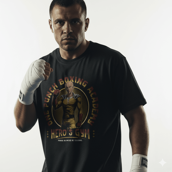 One Punch Man Hero's Gym Boxing Academy T-Shirt worn by a boxer, showcasing Saitama's design and promoting strength.
