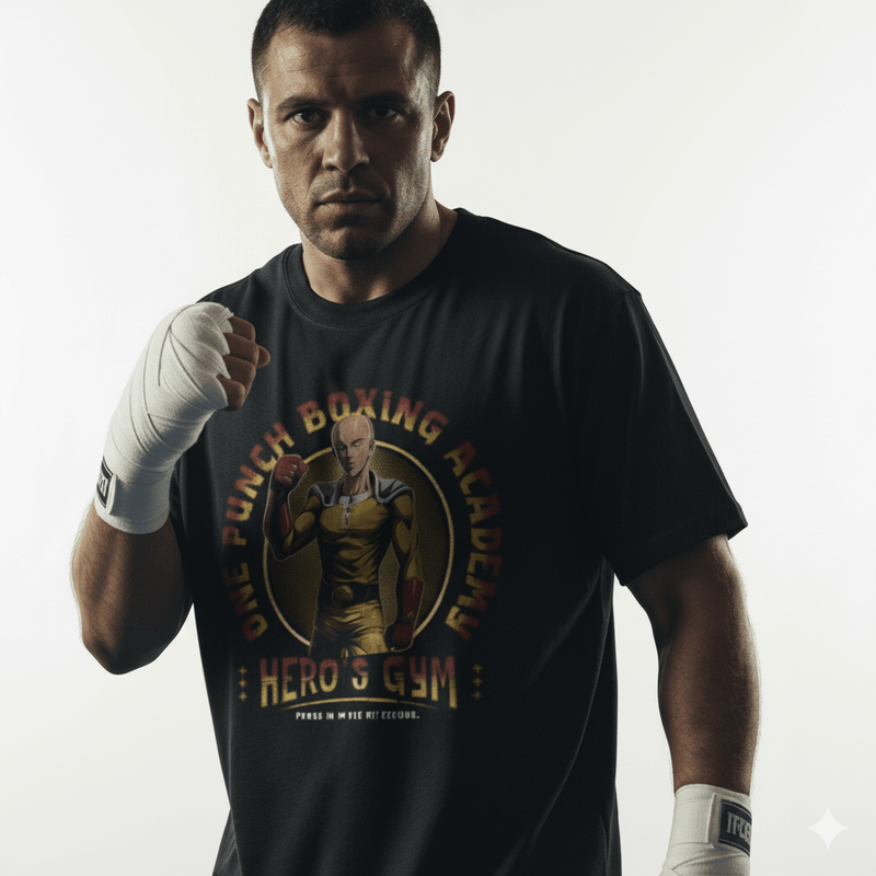 One Punch Man Hero's Gym Boxing Academy T-Shirt worn by a boxer, showcasing Saitama's design and promoting strength.
