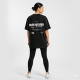 Women's Pump Cover Oversized T-Shirt featuring 'NEVER SATISFIED Stay Hungry' back print, stylish gym wear.