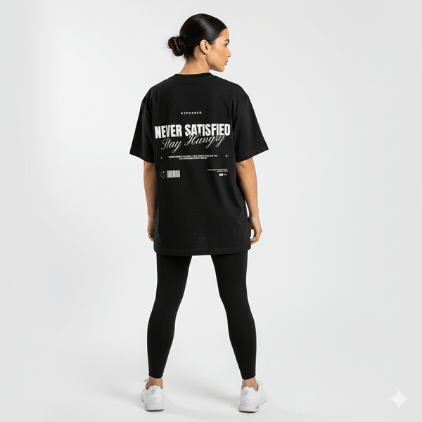 Women's Pump Cover Oversized T-Shirt featuring 'NEVER SATISFIED Stay Hungry' back print, stylish gym wear.