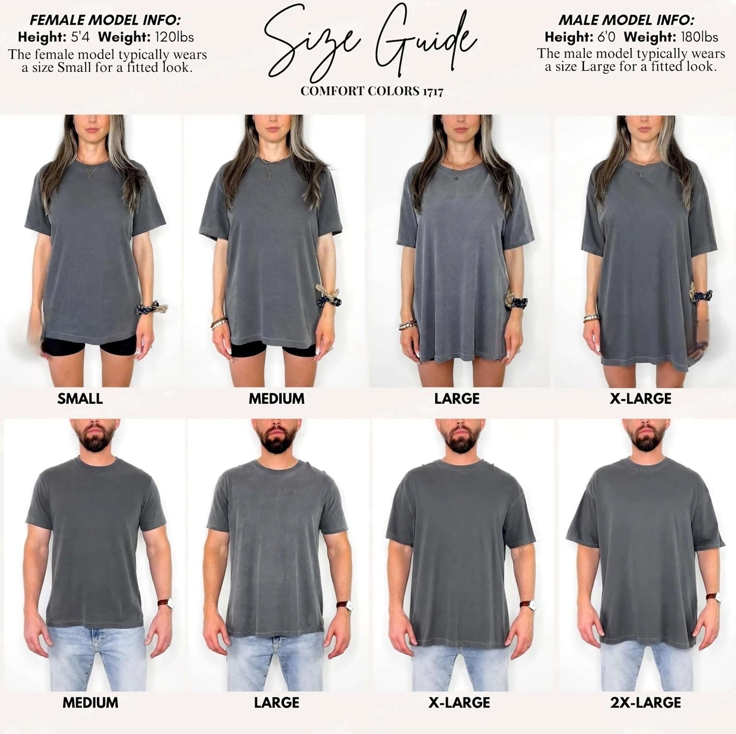 Size guide for Women's Pump Cover Oversized T-Shirt in various sizes on models.