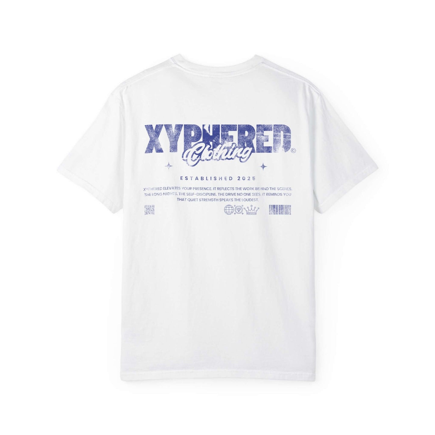 Oversized XYPHERED Clothing back view of white streetwear t-shirt showcasing graphic design and brand details.
