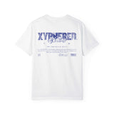 Oversized XYPHERED Clothing back view of white streetwear t-shirt showcasing graphic design and brand details.