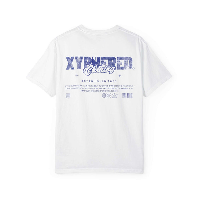Oversized XYPHERED Clothing back view of white streetwear t-shirt showcasing graphic design and brand details.